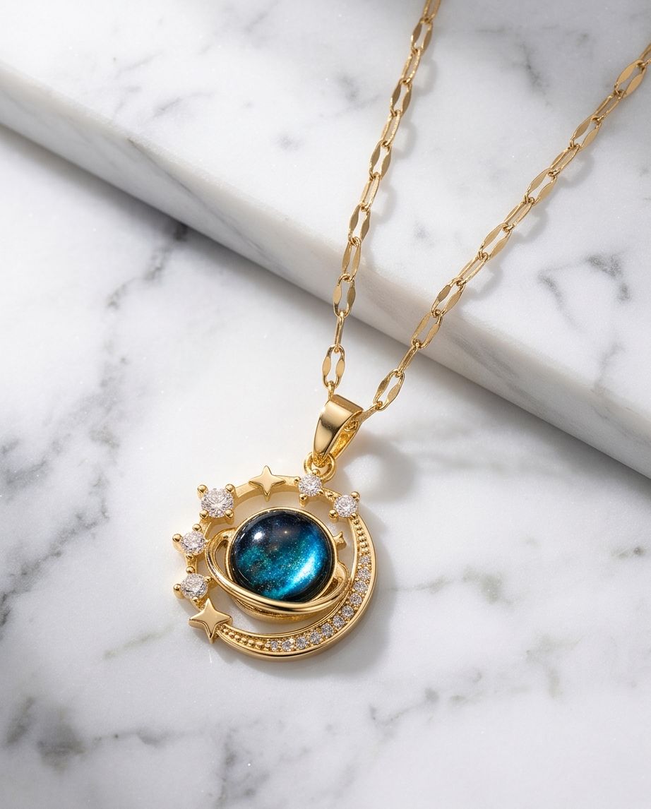 Gold-Plated Celestial Galaxy Pendant Necklace with Blue Crystal for Women-WJ-JS26-NL0178