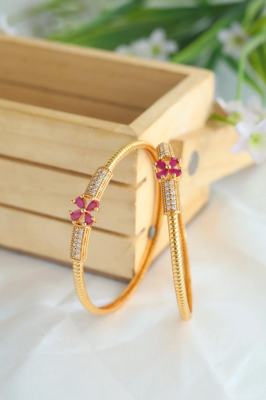 Set Of 2 18K Gold-Plated Ruby Floral & Zircon Studded Bangles