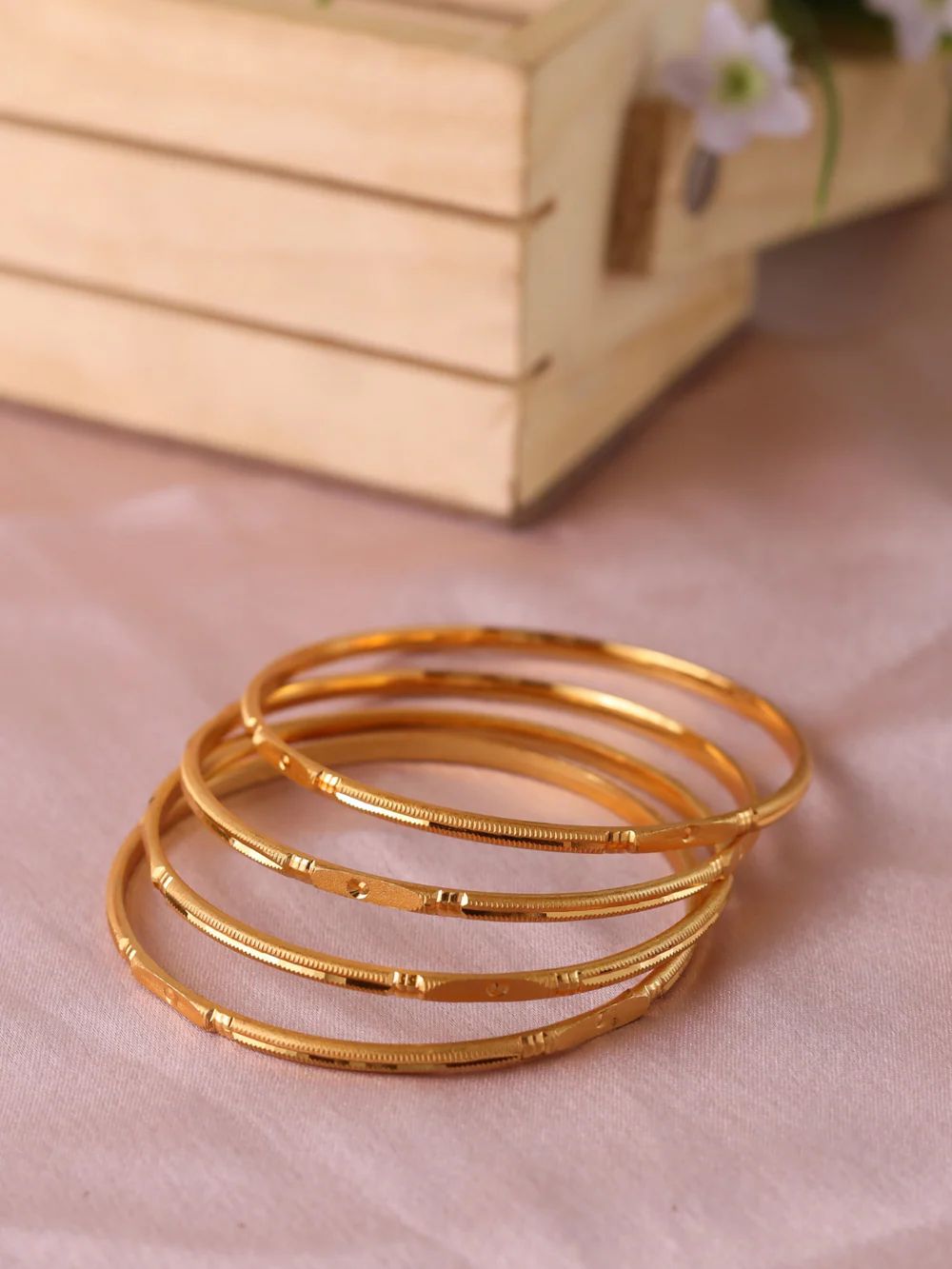 Set Of 4 18K Gold-Plated Ruby Floral & Zircon Studded Bangles