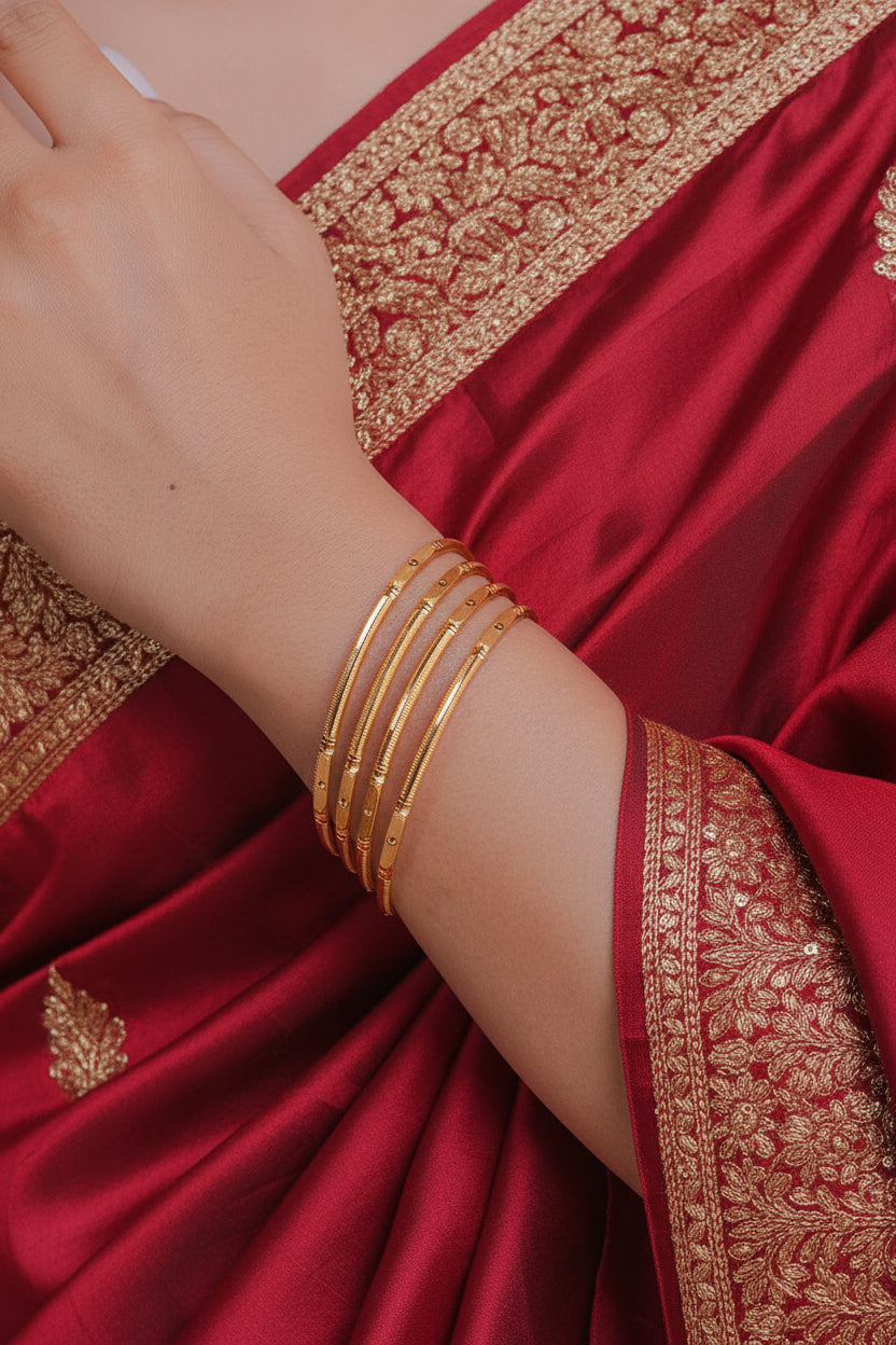 Set Of 4 18K Gold-Plated Ruby Floral & Zircon Studded Bangles