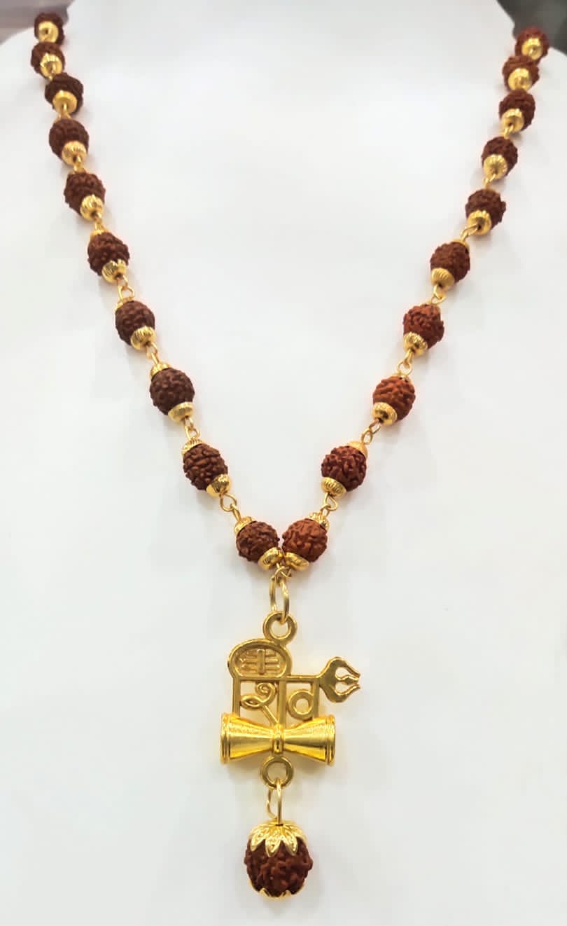 Rudraksha Shivling Damru Gold-Plated Spiritual Pendant Necklace for Men-JS-SNC-004