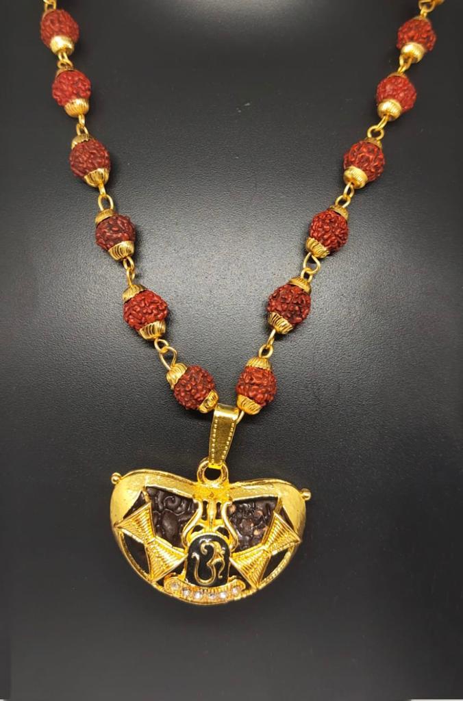 Rudraksha Om Trishul Gold-Plated Spiritual Pendant Necklace for Men-JS-SNC-005