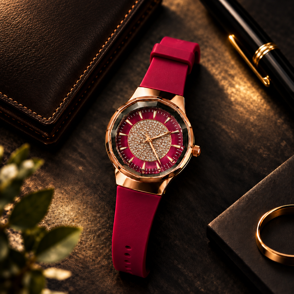 Women Red Crystalline Charm Diamond Ring Dial Premium & Luxurious Silicone Strap Analog Watch for Women