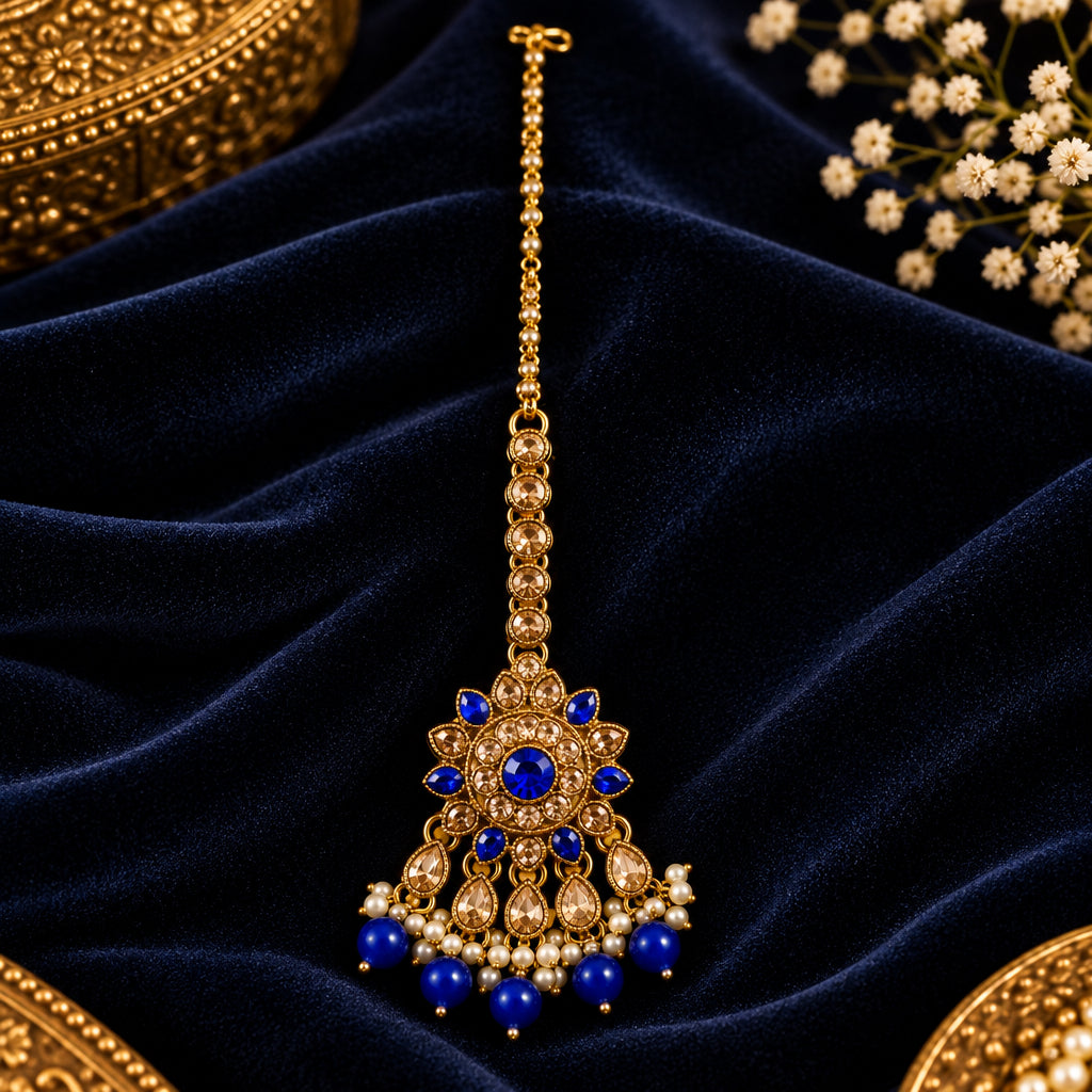 Gold Plated Blue Stone & Kundan Studded & Beaded Floral Shaped MaangTika