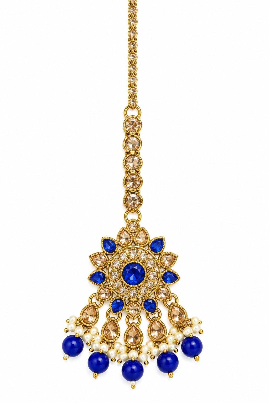 Gold Plated Blue Stone & Kundan Studded & Beaded Floral Shaped MaangTika