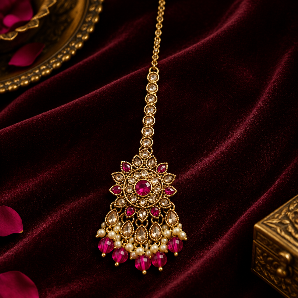 Gold Plated Pink Stone & Kundan Studded & Beaded Floral Shaped MaangTika