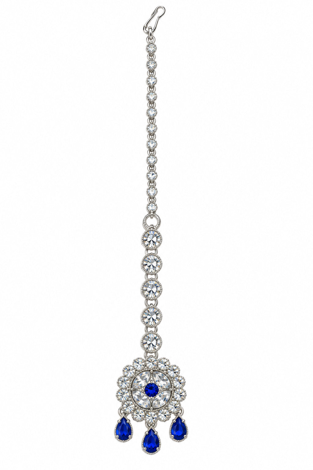Silver Plated & Blue American Diamon Studded Round Shaped MaangTika