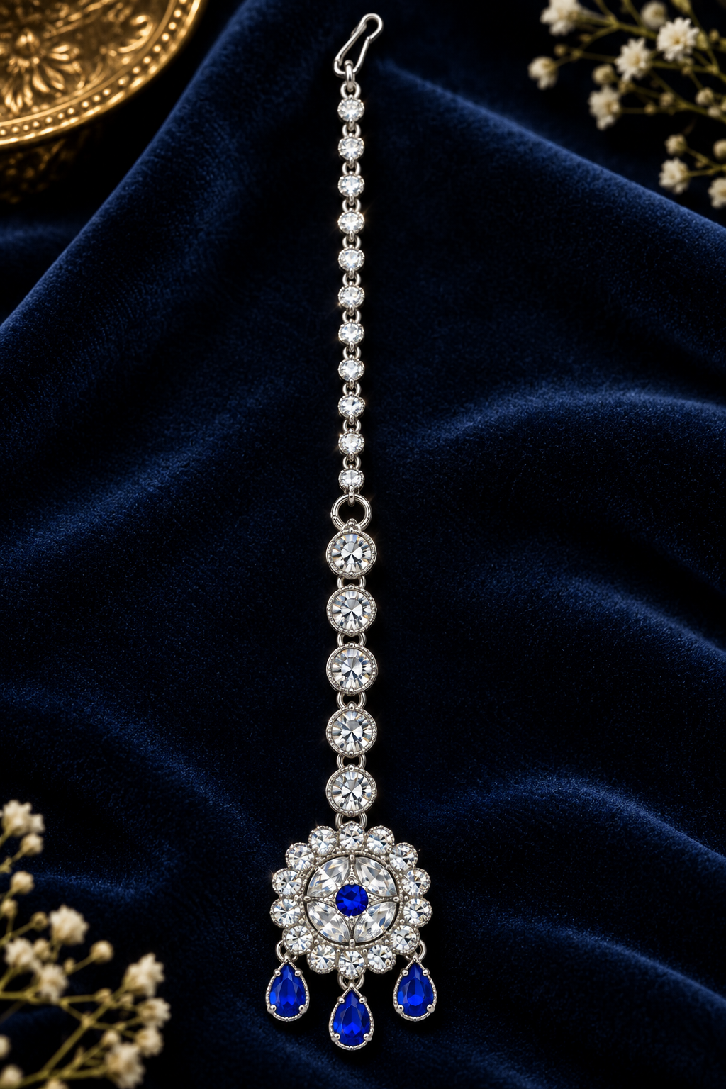 Silver Plated & Blue American Diamon Studded Round Shaped MaangTika