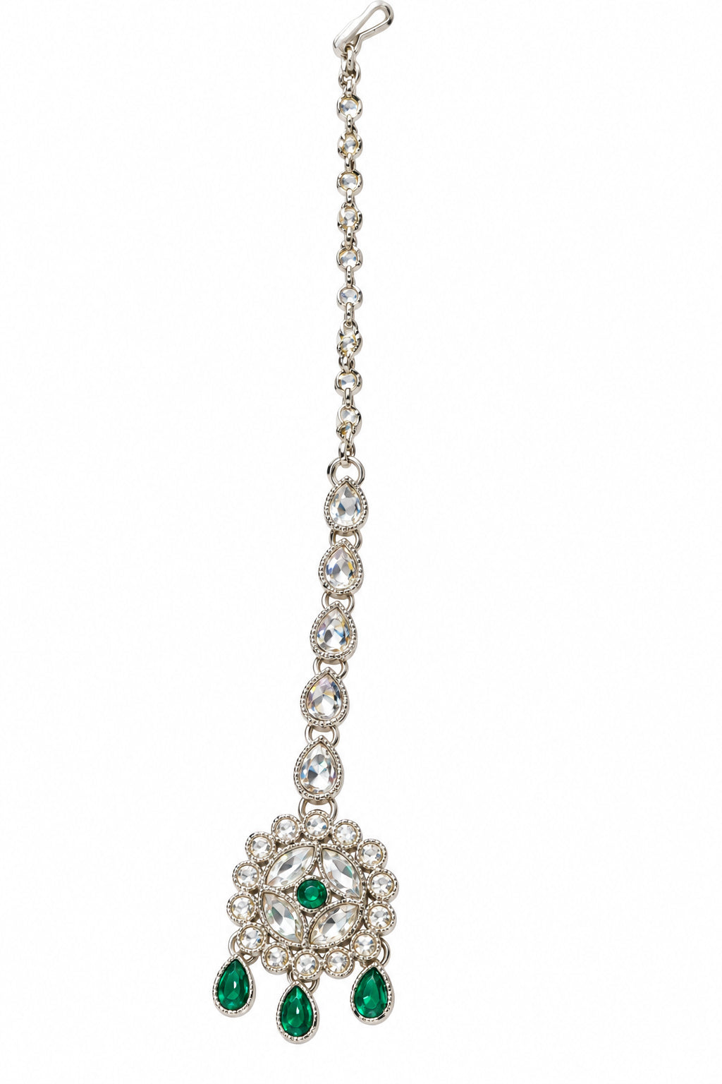 Silver Plated & Green American Diamon Studded Round Shaped MaangTika