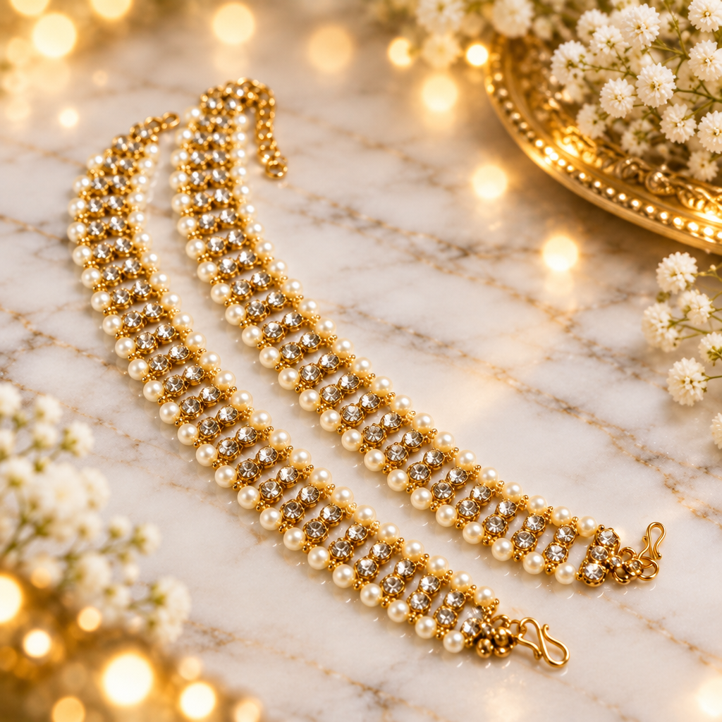 Aatmana Set Of 2 Gold Plated Kundan Studded & Crystal Beaded Anklets