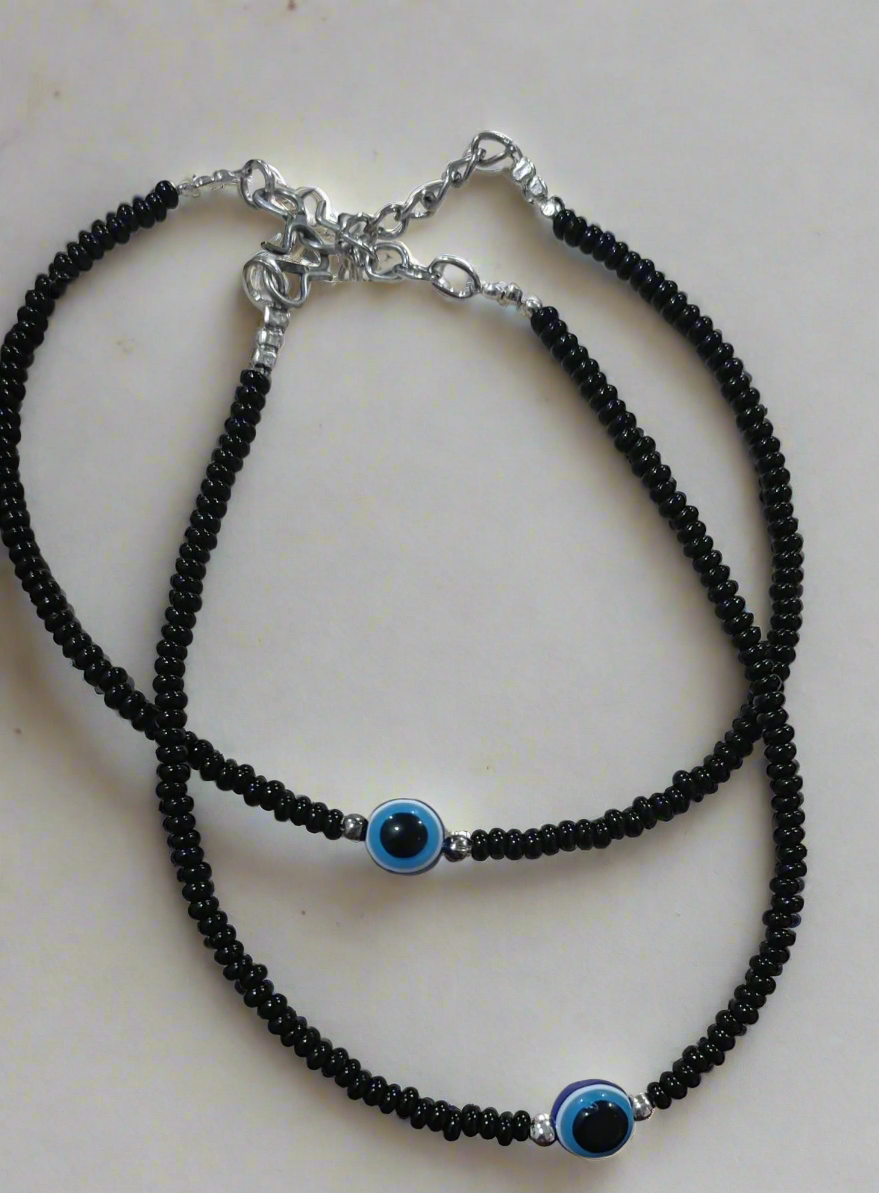 Jazz And Sizzle Silver Black Beads Silver Plated Traditional Evil Eye Anklets