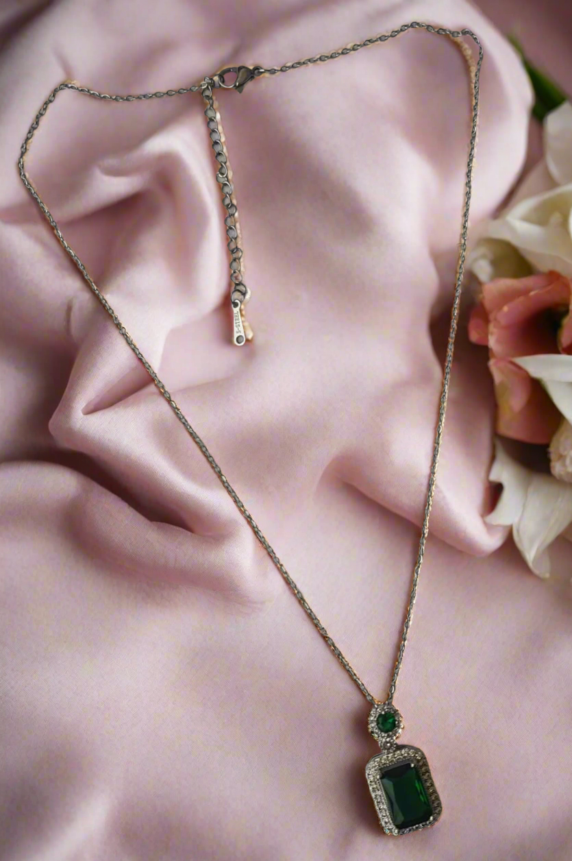 Jazz And Sizzle Silver Plated Emarald Stone with Cubic Zirconia Interlocked Pendant Chain Necklace for Valentines Gift
