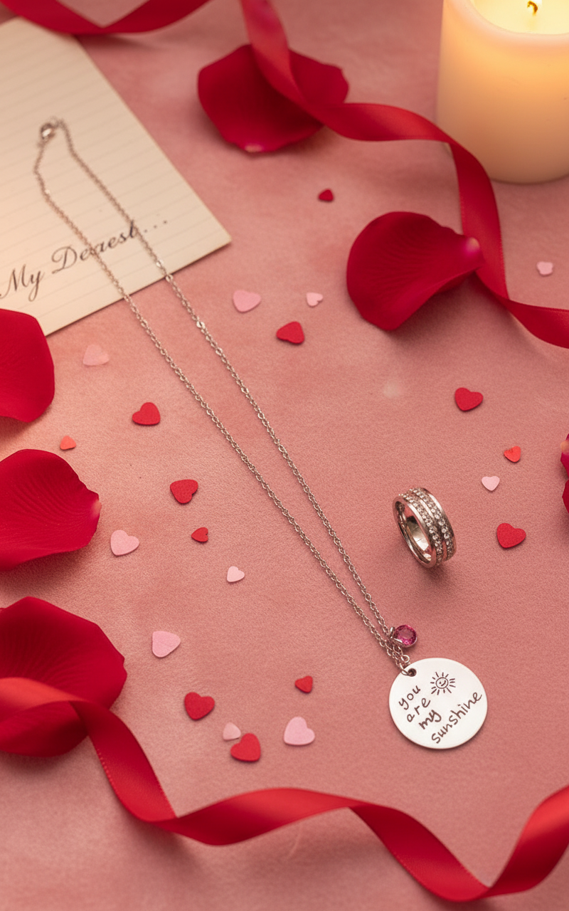 Jazz And Sizzle Set of 2 CZ Studded Ring & You Are My Sunshine Necklace Valentine Gift for Him & Her