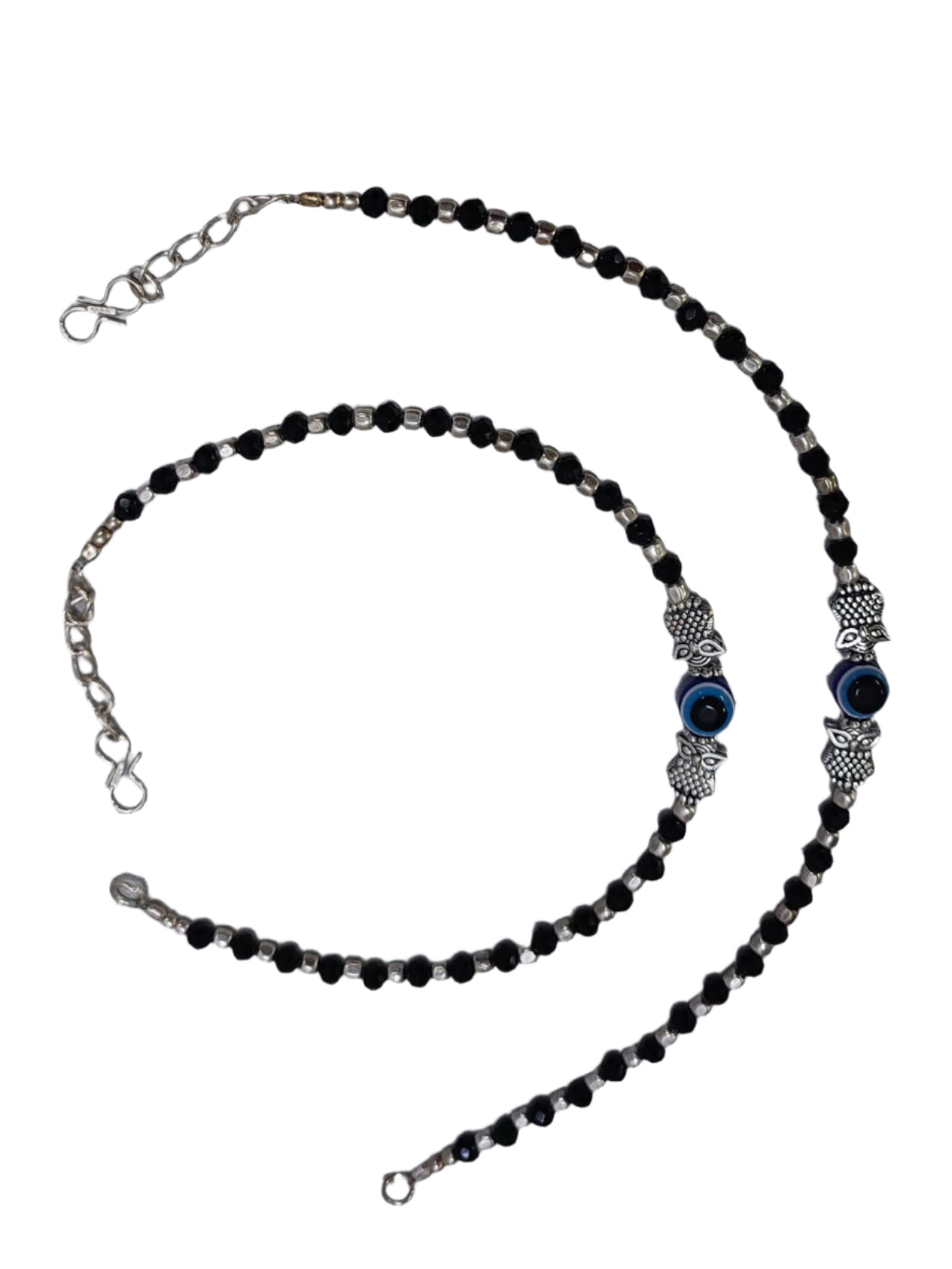 Silver-Plated & Black Beaded Handcrafted Owl & Evil Eye Anklet