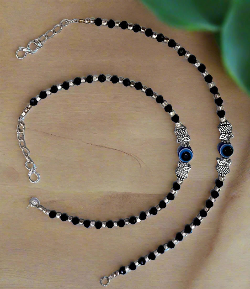 Silver-Plated & Black Beaded Handcrafted Owl & Evil Eye Anklet