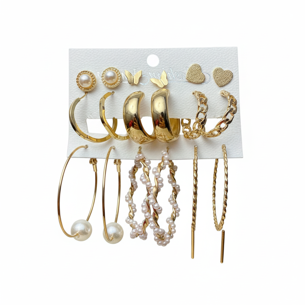 Pack of 9 pairs – hoops, pearl hoops, long pearl drops & stud