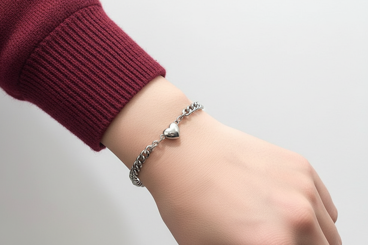 Jazz And Sizzle Silver-Tone Chain Heart Bracelet Set Gift for Him & Her