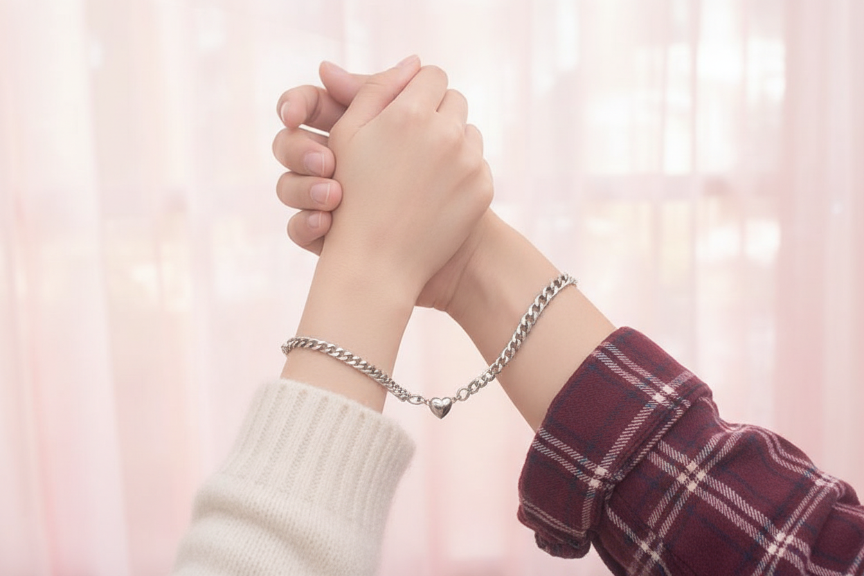 Jazz And Sizzle Silver-Tone Chain Heart Bracelet Set Gift for Him & Her