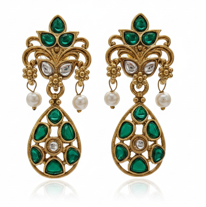 Jazz and Sizzle Gold-Plated Emerald Green Kundan Polki Dangler Earrings with Pearl Drops