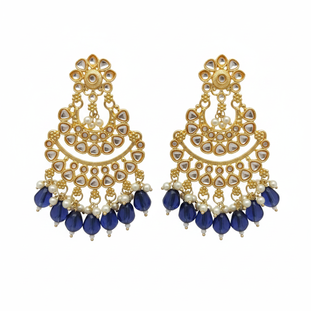 Jazz and Sizzle Gold Plated Kundan Studded & Royal Blue Pearl Drop Chandbali Earrings