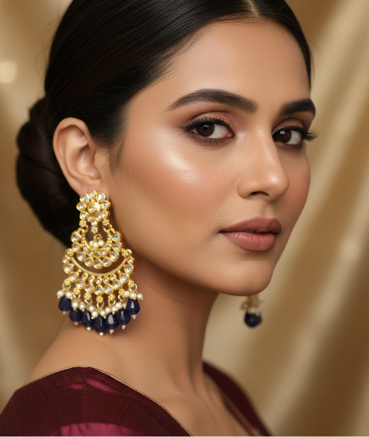 Jazz and Sizzle Gold Plated Kundan Studded & Royal Blue Pearl Drop Chandbali Earrings