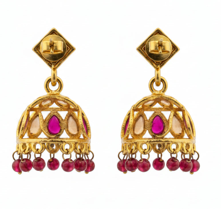 Jazz And Sizzle Gold Plated Pinkish Red Kundan & Stone Studded Jhumka Earrings