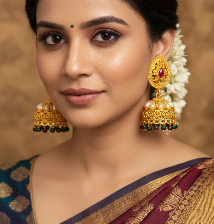 Jazz and Sizzle  Gold Plated Ethnic Earrings with Pearl Beaded & Drops Jhumka Earrings