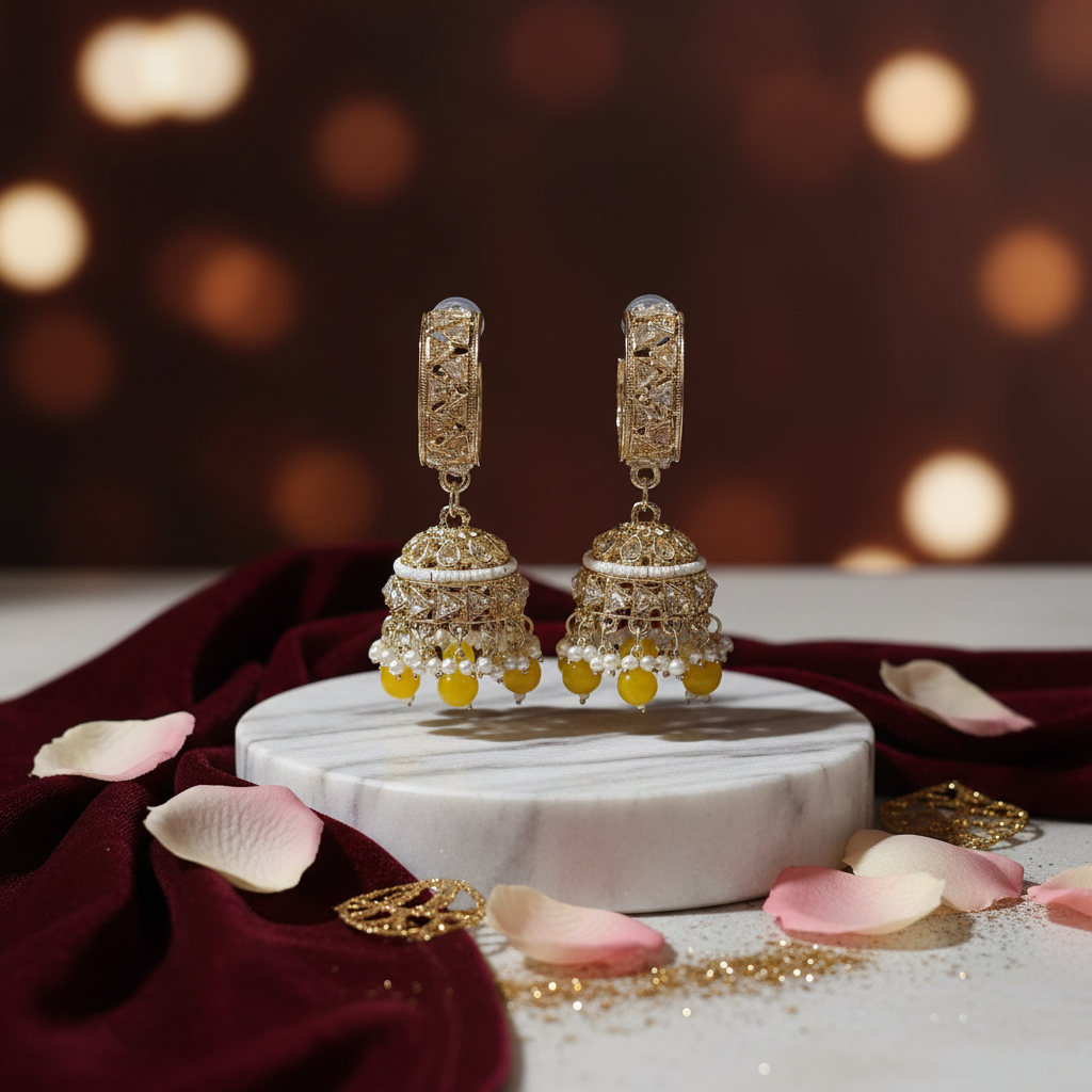 Rose-Gold Plated Ad Studded Yellow & White Beaded Jhumka Earrings
