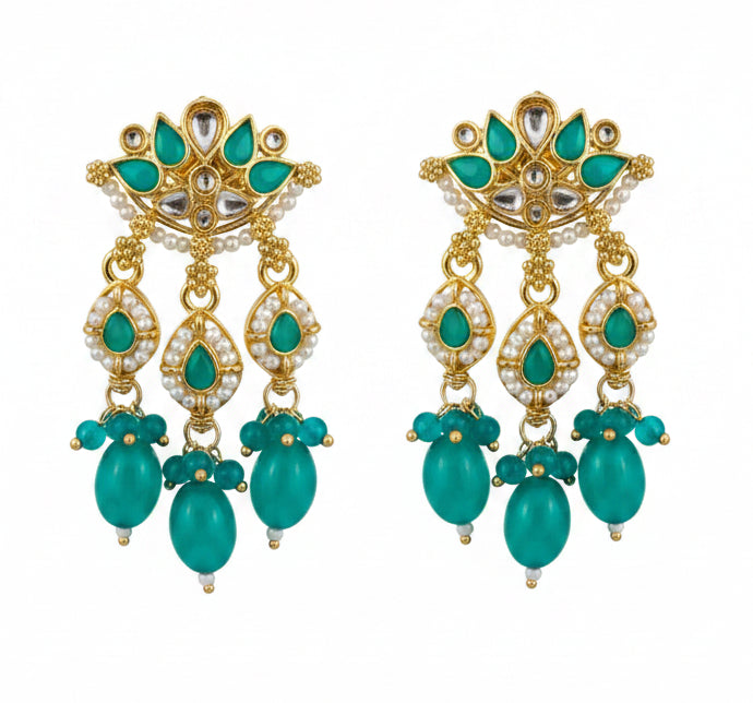 Jazz And Sizzle Gold-Plated Kundan with Teal Green Beads & Pearl Drops Lotus Shaped Dangler Earrings