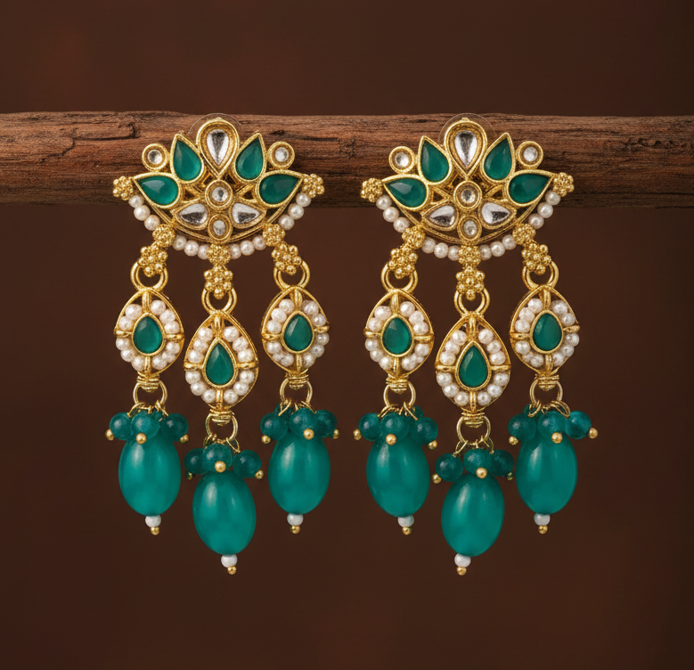 Jazz And Sizzle Gold-Plated Kundan with Teal Green Beads & Pearl Drops Lotus Shaped Dangler Earrings