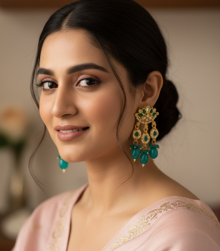 Jazz And Sizzle Gold-Plated Kundan with Teal Green Beads & Pearl Drops Lotus Shaped Dangler Earrings