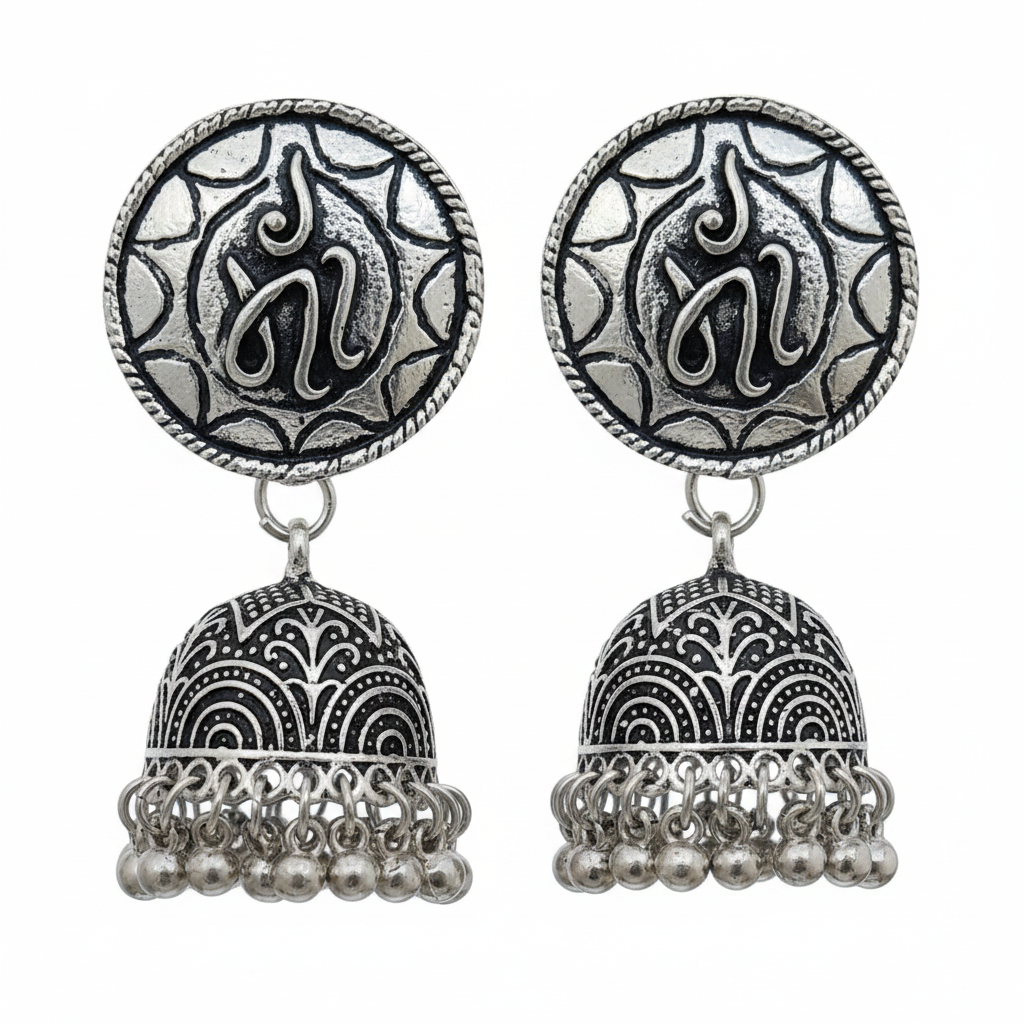 Jazz and Sizzle Silver Plated Oxidised "MAA" Everyday Jhumka Earrings