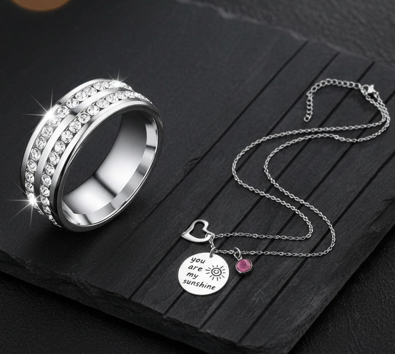 Jazz And Sizzle Set of 2 CZ Studded Ring & You Are My Sunshine Necklace Valentine Gift for Him & Her