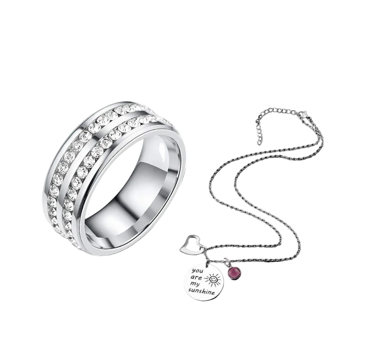 Jazz And Sizzle Set of 2 CZ Studded Ring & You Are My Sunshine Necklace Valentine Gift for Him & Her