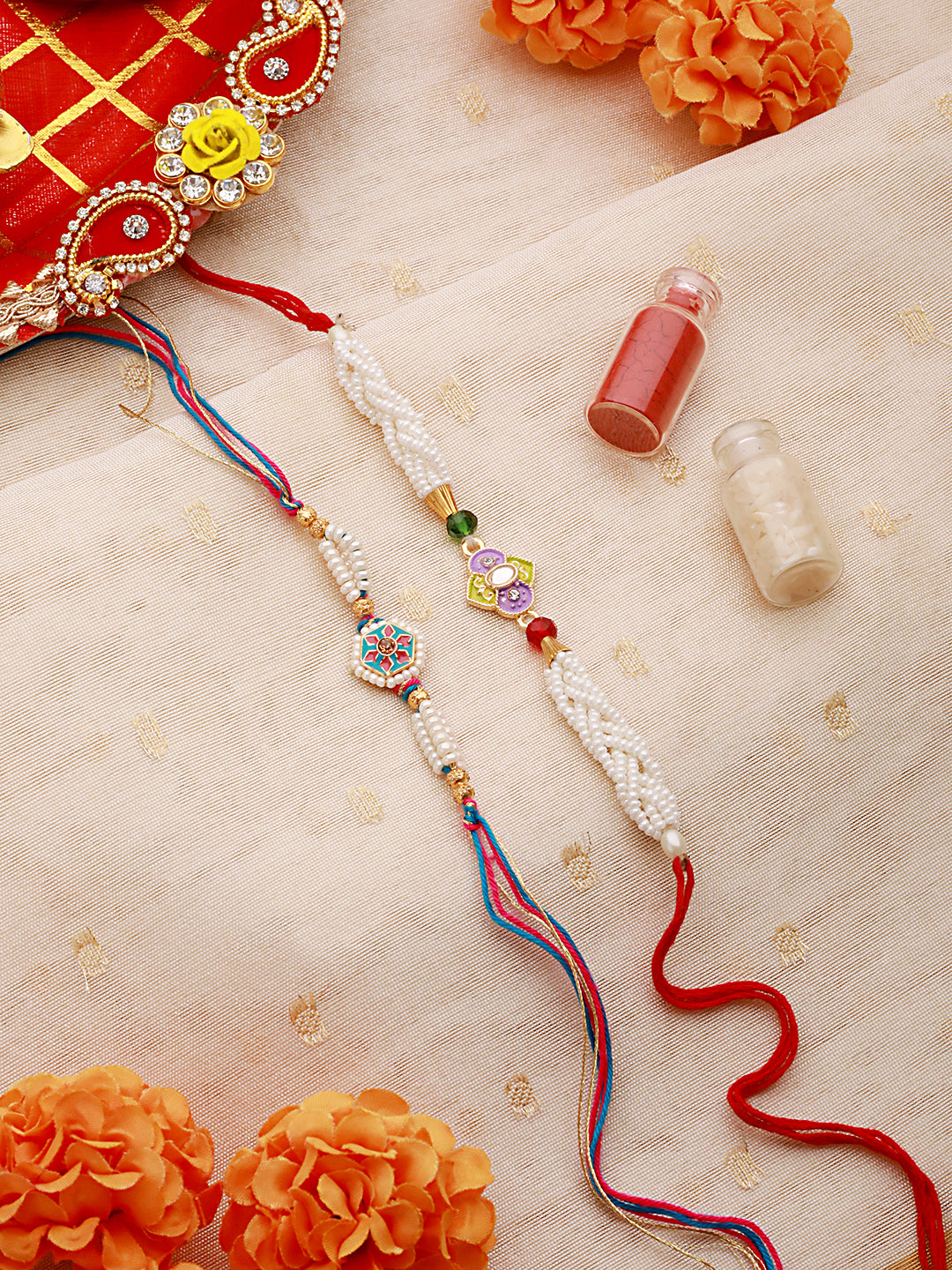 Jazz And Sizzle Set Of 2 Pearl Beaded & Minakari Work Thread Rakhi With Roli & Chawal