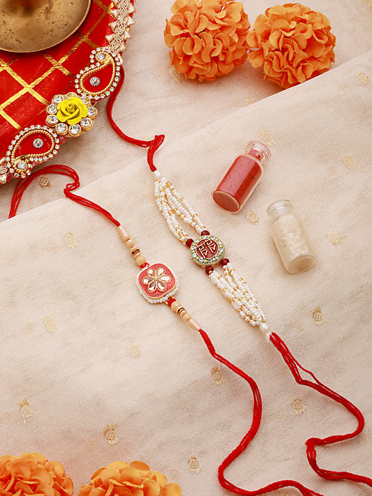 Set Of 2 Floral Multicolored Pearl Beaded And Meena Work Rakhi With Roli & Chawal