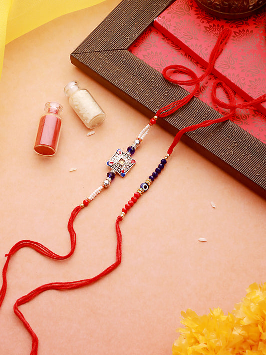 Set Of 2 Enthralling Blue Stone & Beaded Rakhi With Roli Chawal