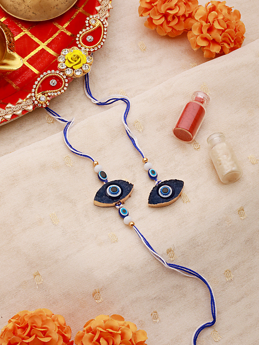 Set Of 2 Evil Eye Charm Bhaiya Bhabhi Rakhi With Roli & Chawal