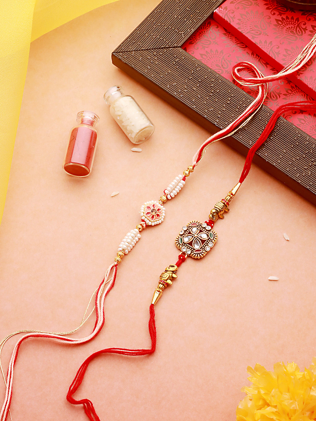 Jazz And Sizzle Set Of 2 Stone Embellished & Enameled Thread Rakhi With Roli Chawal