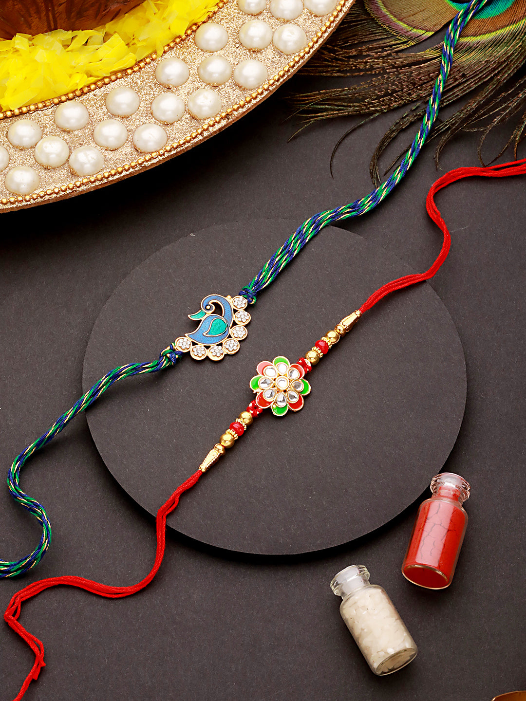 Jazz And Sizzle Set Of 2 Gold-Toned & Peacock Shaped Cz Studded Designer Beaded Rakhi