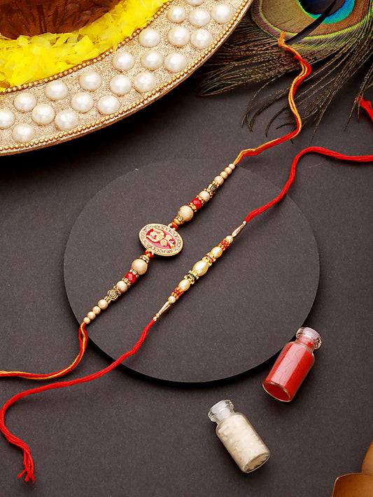 Set Of 2 Trishul Enameled & Faux Pearl Beaded Rakhi With Roli Chawal