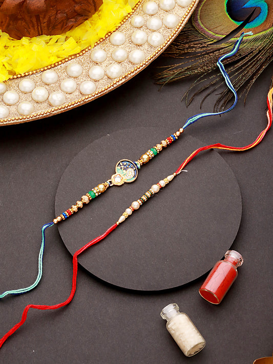 Set Of 2 Enameled & Faux Pearl Beaded Designer Thread Rakhi With Roli Chawal