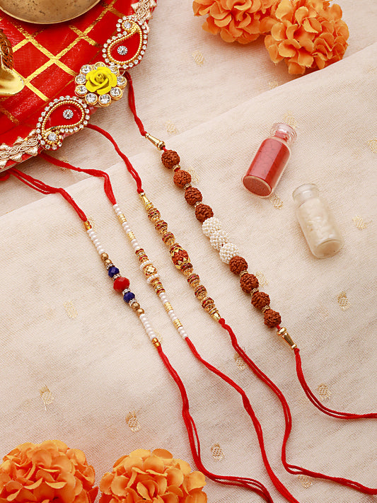 Set Of 4 Men Brown & Blue Rudraksh Beaded Spiritual Rakhi With Roli & Chawal