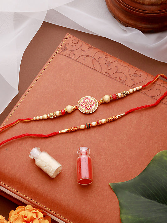 Set Of 2 Enameled & Pearl Beaded Thread Rakhi With Roli Chawal & Rakhi Card