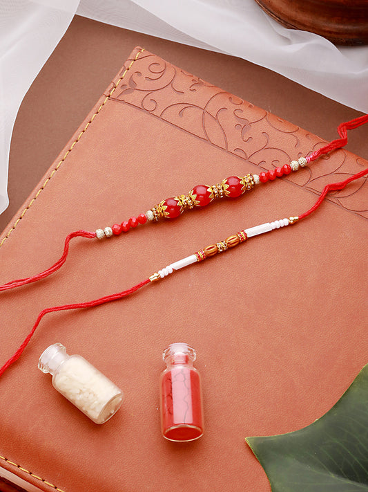 Set Of 2 Maroon & White Pearl Beaded Thread Rakhi With Roli Chawal