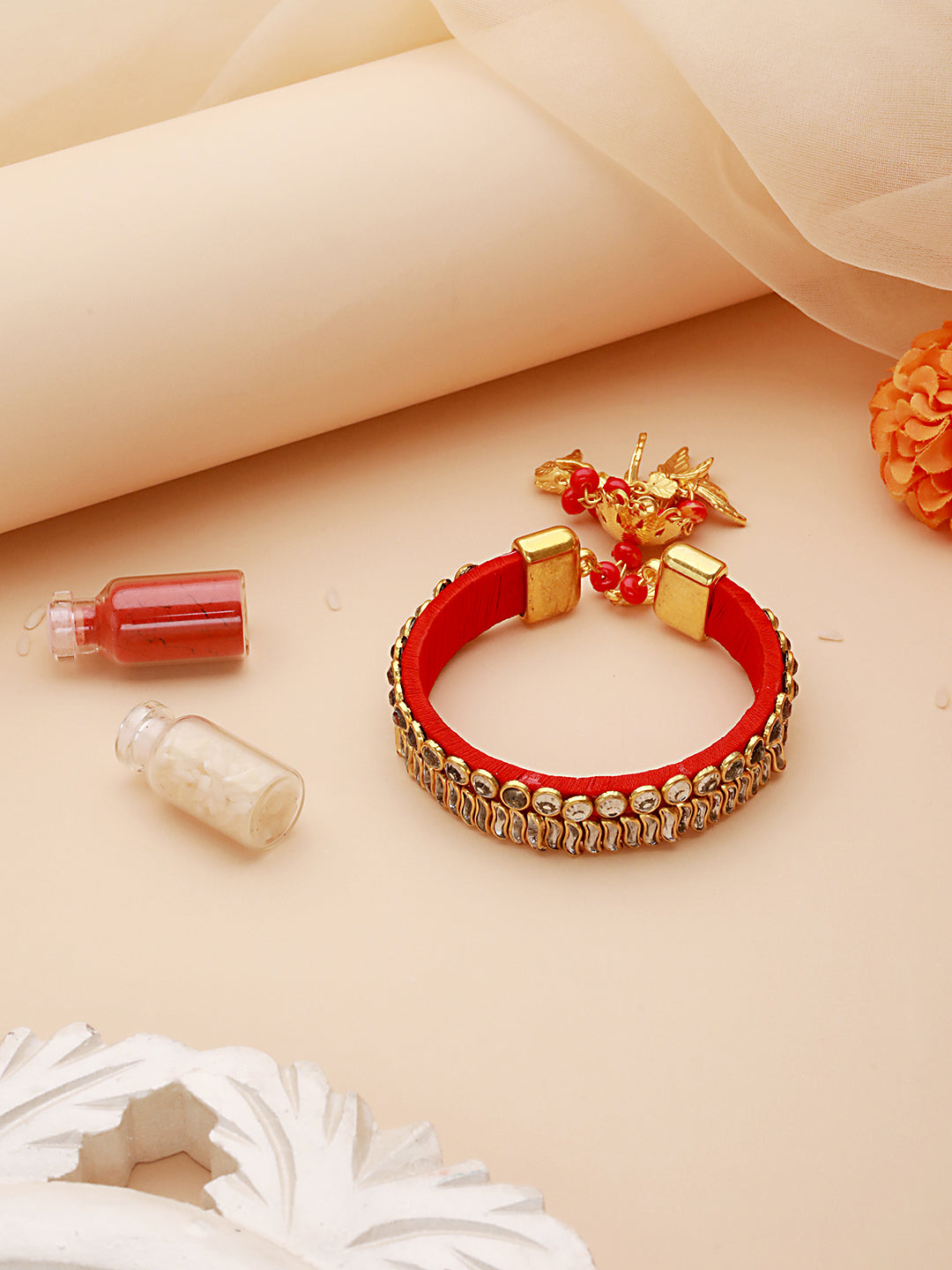 Red & Gold Toned Kundan Studded Bangle-Style Bhabhi Rakhi With Roli Chawal