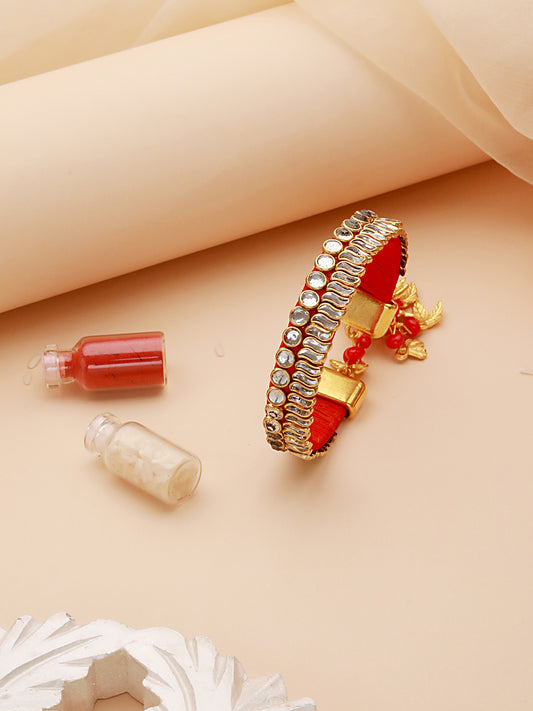 Red & Gold Toned Kundan Studded Bangle-Style Bhabhi Rakhi With Roli Chawal