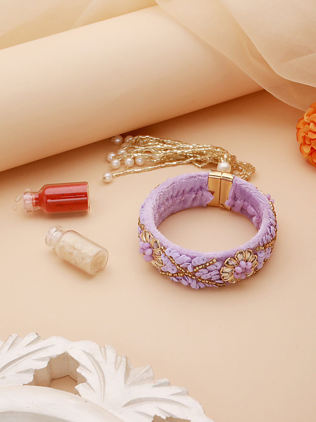 Lilac & Gold Toned Beads Handwork Bangle Style Tassels Bhabhi Rakhi With Roli Chawal