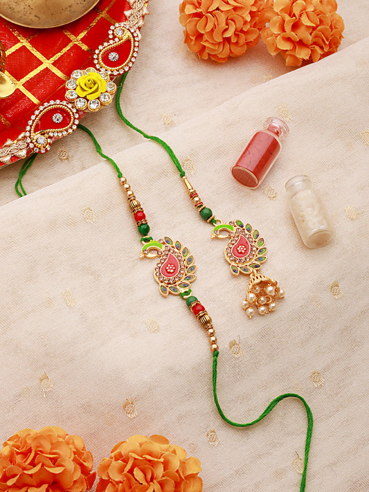 Set Of 2 Peacock Shaped Meena Work Bhaiya Bhabhi Rakhi With Roli & Chawal