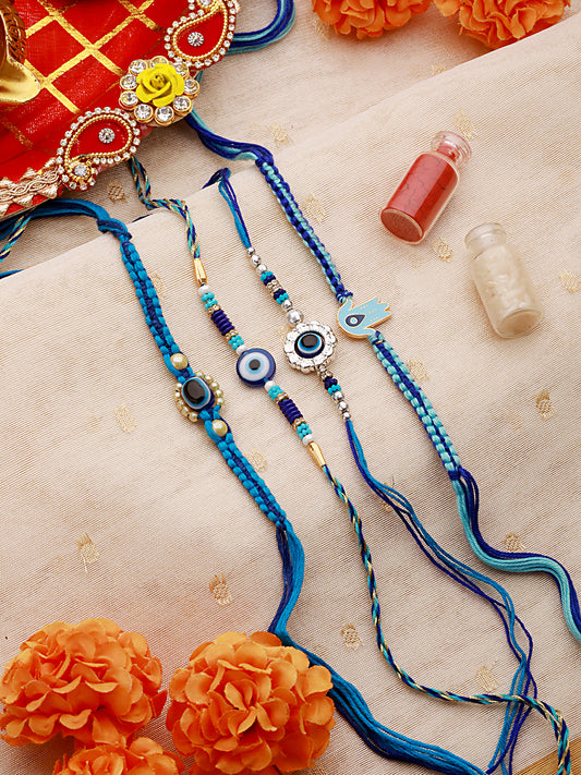 Set Of 4 Intricate Macrame & Faux Pearl Beaded Evil-Eye Rakhi With Roli & Chawal